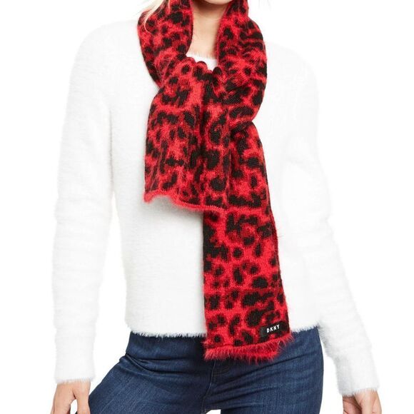 DKNY Fuzzy Animal Print Knit Scarf , Red - Picture 1 of 6